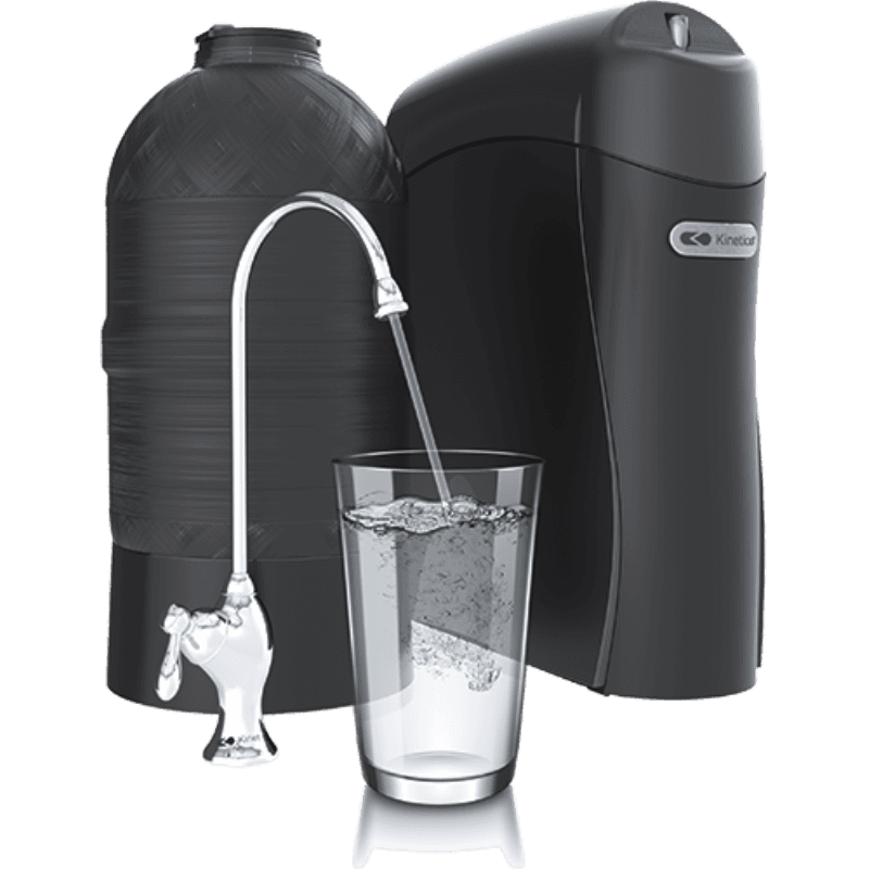 Representative Kinetico drinking water system with storage tank and faucet